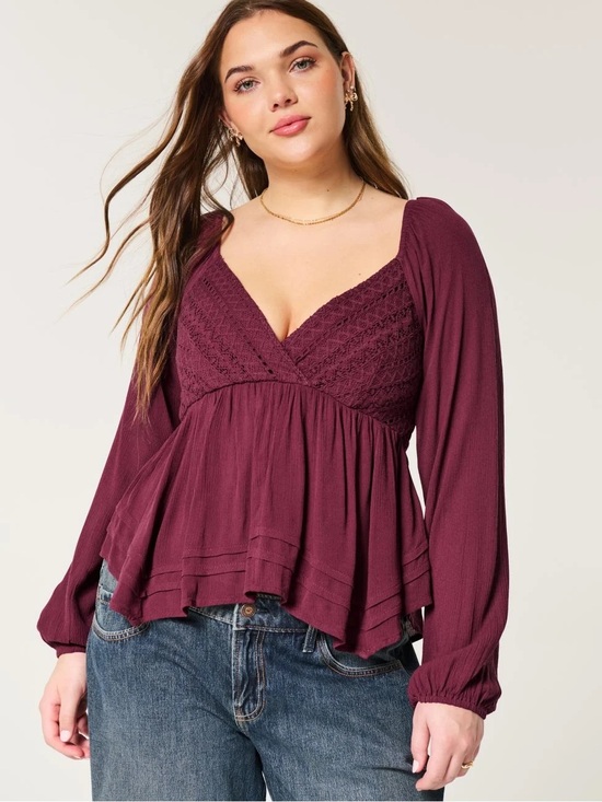 Hollister Tops - NWT burgundy Hollister Co. Easy Lace Bust Babydoll Top long sleeve